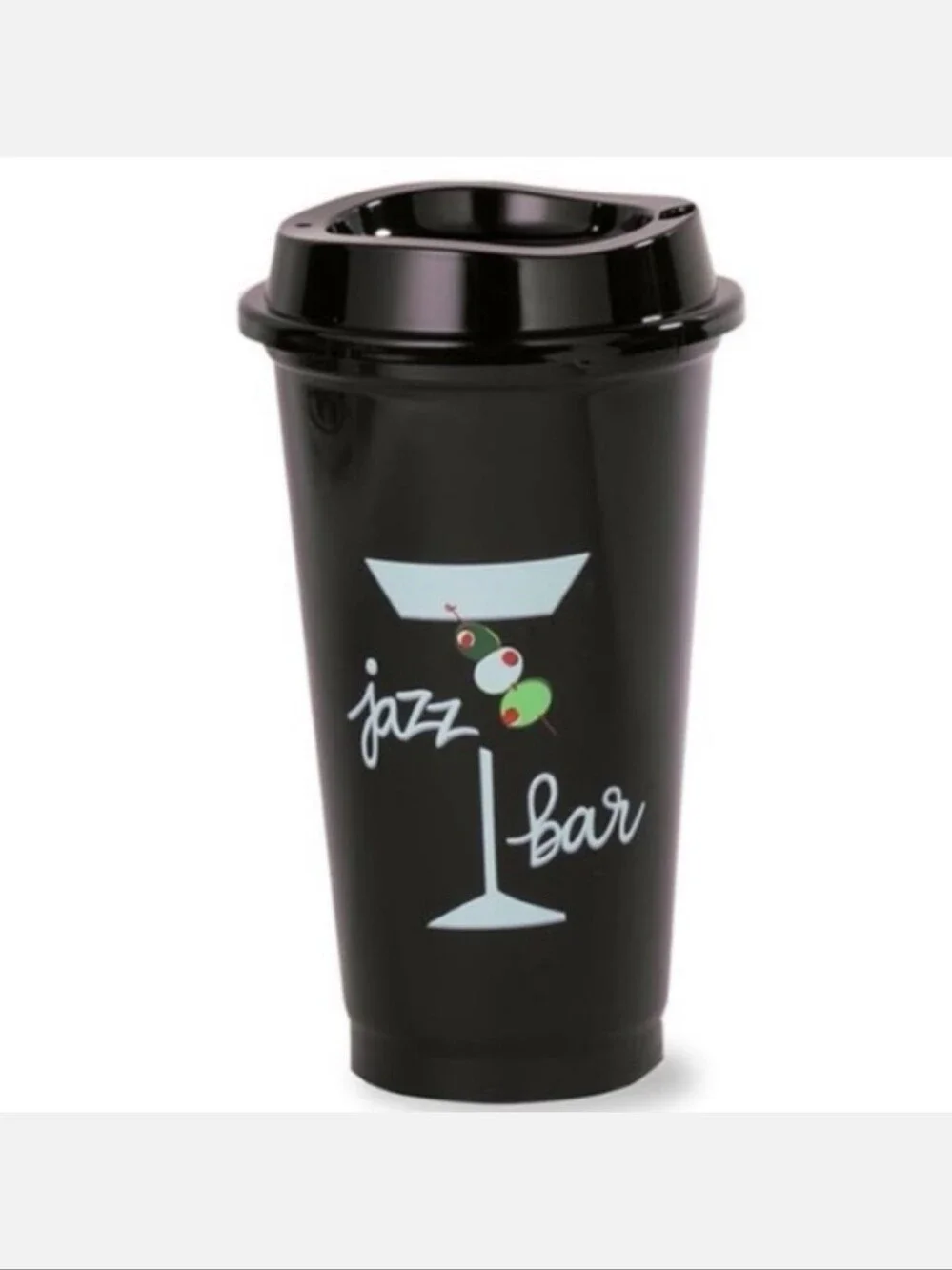 kate spade Black Travel Tumbler with Light Blue Martini and Olive Graphic